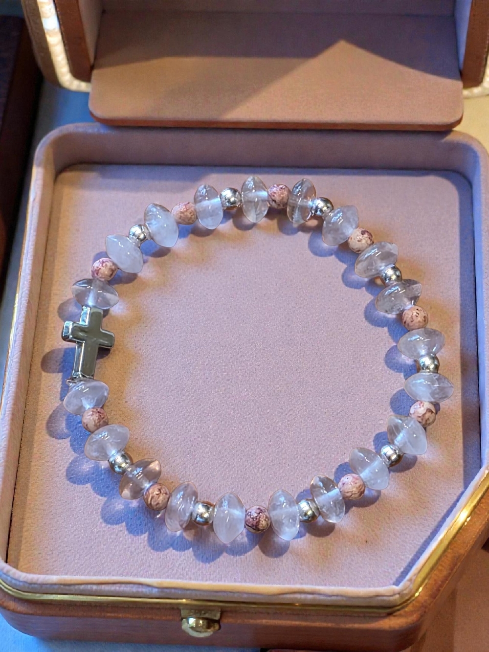 Handmade Style and Stone Picasso Jasper Crystal Cross Bracelet